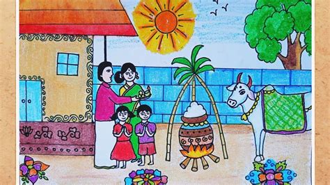 Family celebrating Makar sankranti drawing easy - YouTube