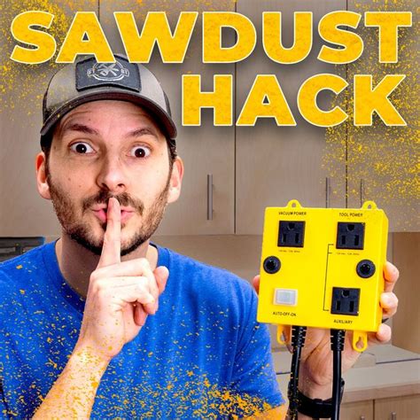 a man holding a yellow box in front of his face with the words sawdust hack on it
