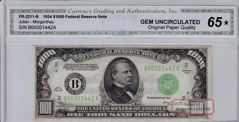 1934 $1000 One Thousand Dollar Bill Fed. Res. Note Cga 65 Gem ...