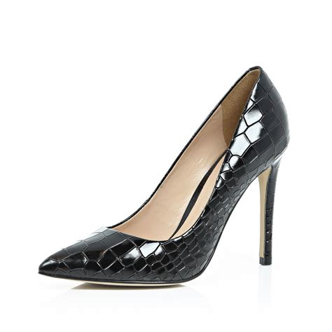 Lyst - River Island Black Patent Leather Croc Court Shoes in Black