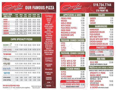 Menu at Capri Pizzeria, Windsor, Dougall Ave