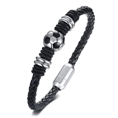 Football/Soccer Bracelet, Black Leather & Stainless Steel