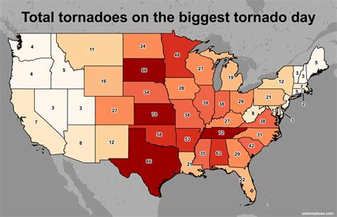 Number of confirmed tornadoes ever recorded in one day by state : r/weather