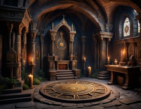 hidden templar lair with altar and stonemason symbols, intricate motifs ...