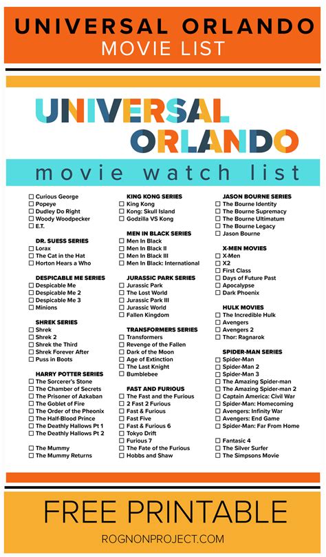 Universal Orlando Movie Watch List {Free printable} – Rognon Project