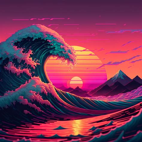 a painting of a wave in the ocean at sunset with mountains and clouds ...