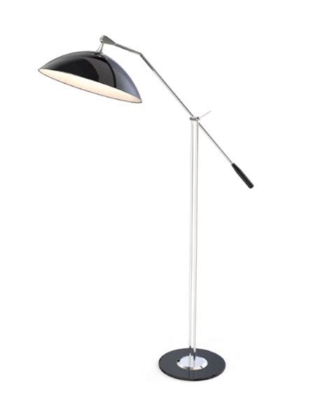 a black and chrome floor lamp with a white base on an isolated surface in front of a white ...
