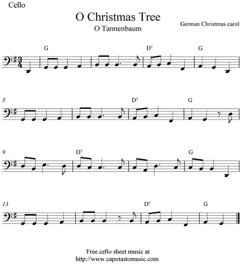 Easy Sheet Music For Beginners: O Christmas Tree, free Christmas cello sheet music notes