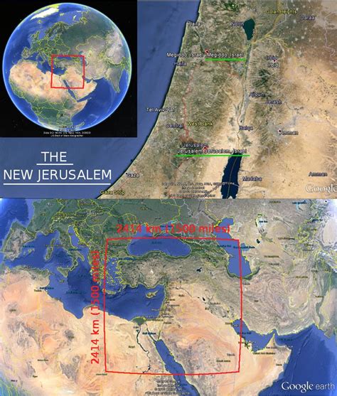 The actual size of the New Jerusalem 1500 miles (2414 km) squared and high on earth. The New ...