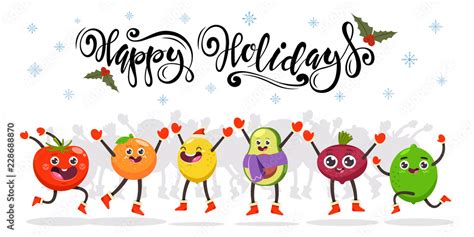 Cute jumping fruits and vegetables kids. Happy holidays hand drawn text. Vector cartoon funny ...