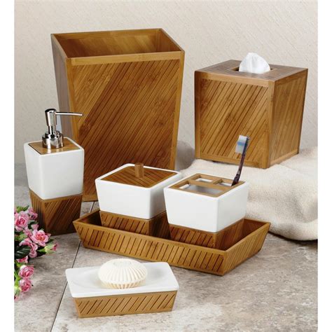 Creative Bath Spa Bamboo 7-Piece Ceramic/Bamboo Bath Accessory Set in White/Tan/Brown | Bamboo ...