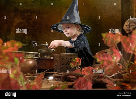 little halloween witch with cauldron Stock Photo - Alamy