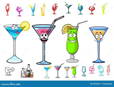 Happy Cartoon Cocktails With Straws Characters Stock Vector - Image: 52678571