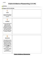 CER Template Rubric Examples.docx - NAME: Claim-Evidence-Reasoning C-E-R Article: Hyper-Link to ...