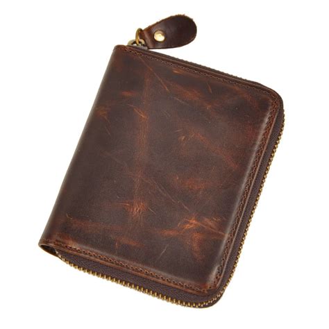 Mens' Zipper Genuine Tan Leather Wallet Male Cowhide Coin Purse Vintage ...