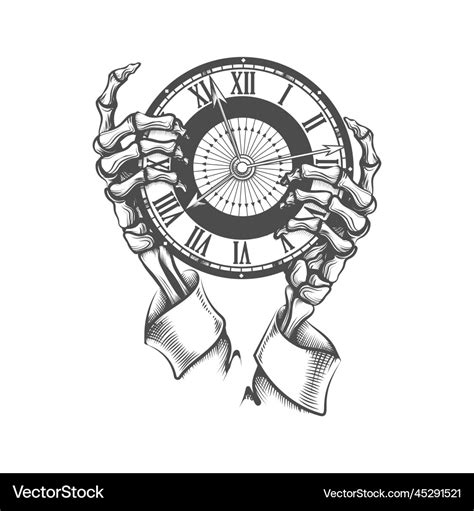 Hands of death holding clock tattoo in engraving Vector Image