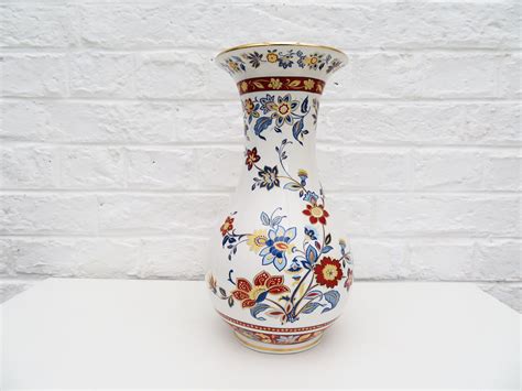 Vintage tall ceramic vase blue white red flowers gold rims | Etsy ...