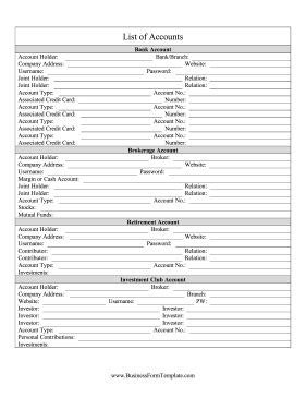 List of Accounts Template | Estate planning checklist, Estate planning ...