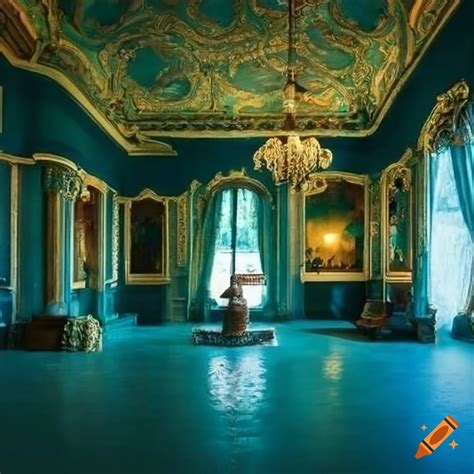 Castle interior cozy dim blue green opulent