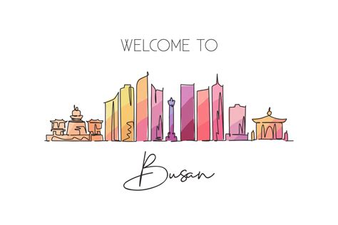 One single line drawing Busan city skyline, South Korea. World town landscape home decor poster ...