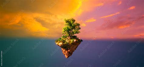 Fantasy floating island with forest isolated sunset sky view 3D ...