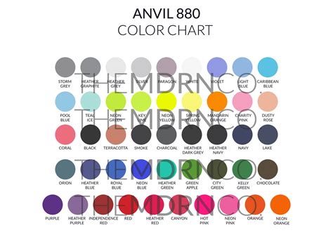 Anvil 880 Color Chart Mockup, Anvil Mockup, Every Color, T-shirt Color Chart, Shirt Size Chart ...