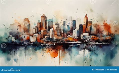 New York City Skyline with Skyscrapers and Watercolor Splashes Stock Illustration - Illustration ...