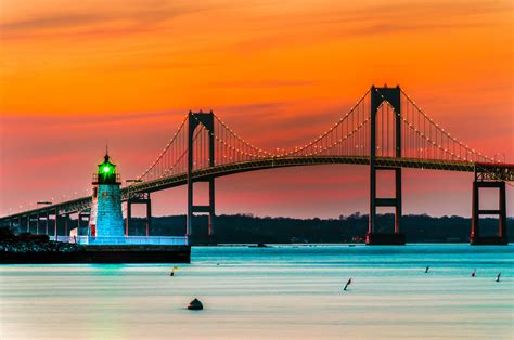 Download Claiborne Pell Bridge Rhode Island Newport Orange (Color) Sky Sunset Earth Lighthouse ...