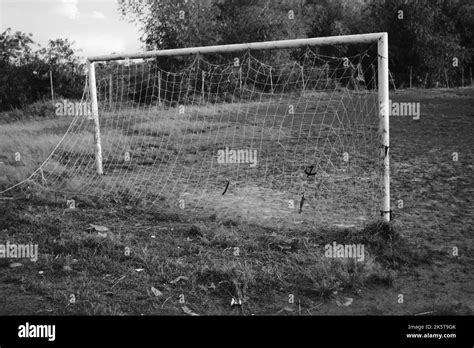 Soccer Goal, Monochrome photo of a soccer goal on a dirt field in the Cikancung area, Indonesia ...
