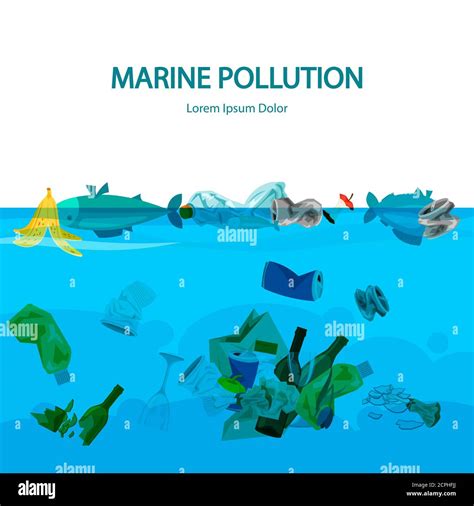 Marine pollution vector illustration with water and garbage. Pollution water, trash plastic in ...