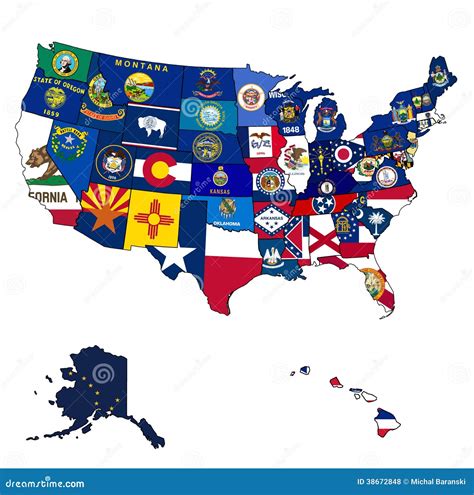 State flags on map of usa stock illustration. Illustration of isolated ...