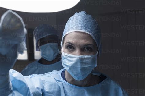 Portrait of surgeon wearing mask stock photo