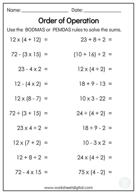 Order Of Operations Worksheet 4th Grade