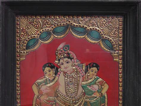 26" Lord Krishna With Rukmini And Satyabhama Painting | Traditional ...