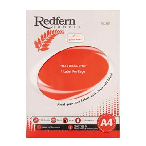 Redfern self adhesive labels laser jet A4 flat sheets 199.6mm x 289mm 1 ...