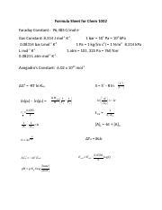 FORMULA SHEET for CHEM 1002 1 - Formula Sheet for Chem 1002 Faraday ...