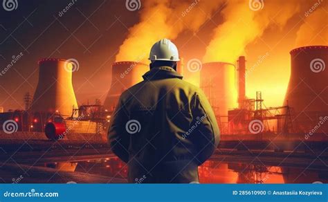 Industrial Worker in Front of Nuclear Power Plant. Stock Illustration ...