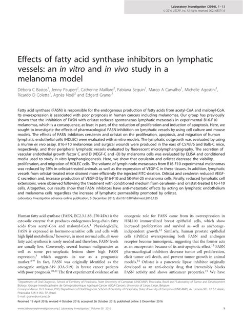 (PDF) Effects of fatty acid synthase inhibitors on lymphatic vessels ...