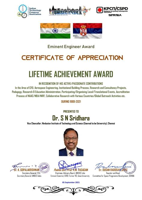 VC Honoured with Life-Time Achievement Award- Hindustan Institute of Technology and Science