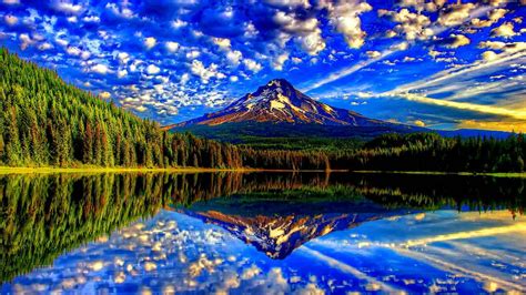 Reflection Of Mountain And Blue Sky With Clouds On Lake 4K HD Nature ...