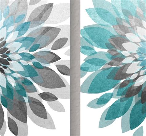 Turquoise Gray Abstract Floral Art, Set of 3, Wall Decor, Canvas or Prints for Bathroom, Bedroom ...