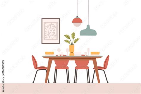 Dining table in kitchen with chairs, plates and wineglasses. Flat cartoon style vector ...