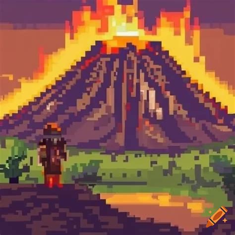 Pixel art background of adventurers and a volcano