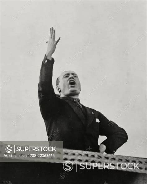 Benito Mussolini during a speech at Villa Glori for the 7th anniversary ...