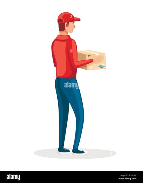 Postal courier. Delivery worker holding cardboard box. Cartoon ...