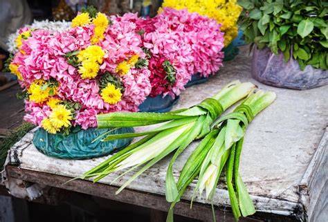 Premium Photo | Flowers near the indian temple