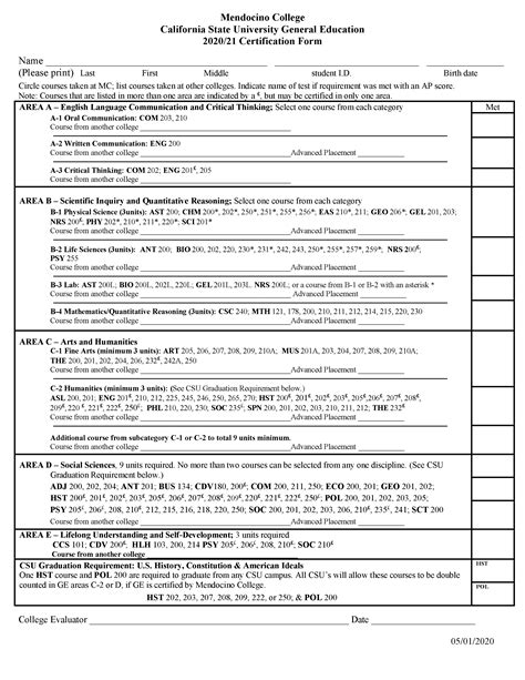 CSU General Education Transfer Requirements Worksheet | Mendocino College