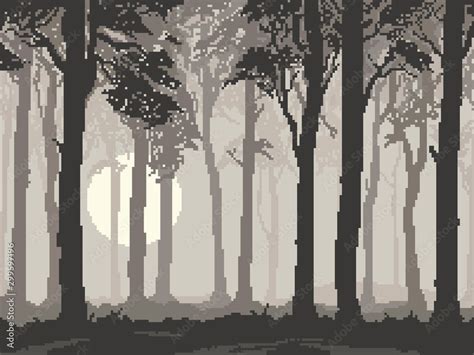 Pixel background with forest for games and mobile applications. Pixel art silhouette of forest ...