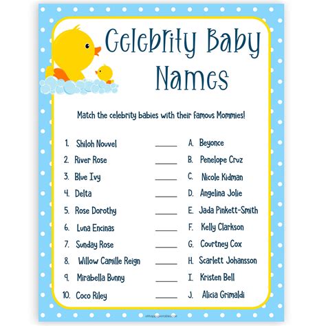 Match The Celebrity Baby Names - Rubber Ducky Printable Baby Games – OhHappyPrintables