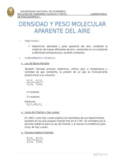 Lab N° 1 Densidad y peso aparente del aire (1) | Gases | Densidad